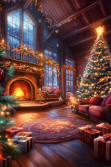 Fototapeta premium Cozy Christmas living room with a beautifully decorated tree, festive lights, and a warm fireplace inviting holiday cheer