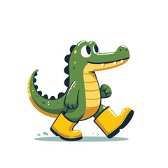 Fototapeta premium cute crocodile character walking in yellow rubber boots in rainy weather isolated vector illustration