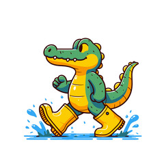 Fototapeta premium cute crocodile character walking in yellow rubber boots in rainy weather isolated vector illustration