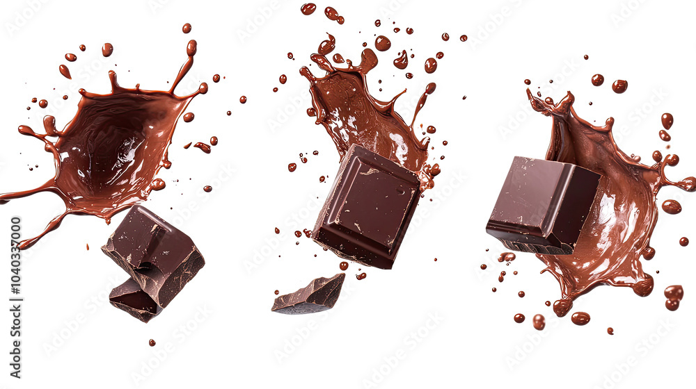 Poster chocolate splashes and chunks captured in a creative collection generative ai