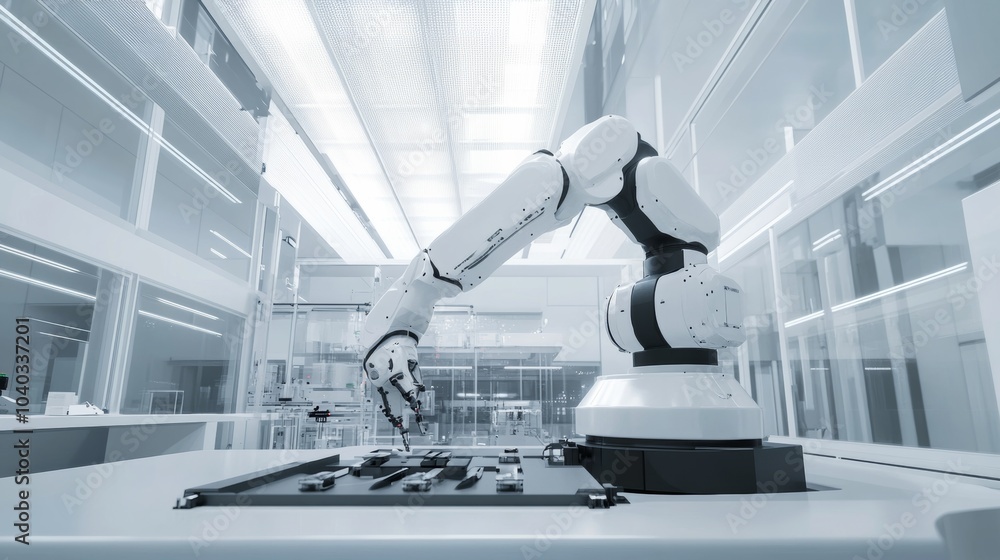 Poster a robotic system performing automated quality checks on luxury goods in a high-tech inspection facil