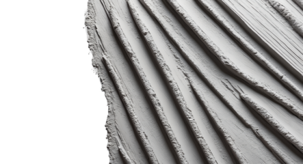 Monochrome abstract close-up of a textured surface with angular ridges and geometric patterns, creating a minimalist and structured design. Isolated from the background