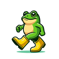 Fototapeta premium cute frog character walking in rainy weather
