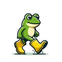 Fototapeta premium cute frog character walking in rainy weather