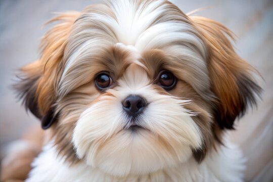 Shih tzu puppy close-up with fluffy brown and white fur