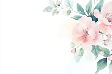Airy blush peonies in soft pastel watercolor with gentle green leaves on a crisp white background