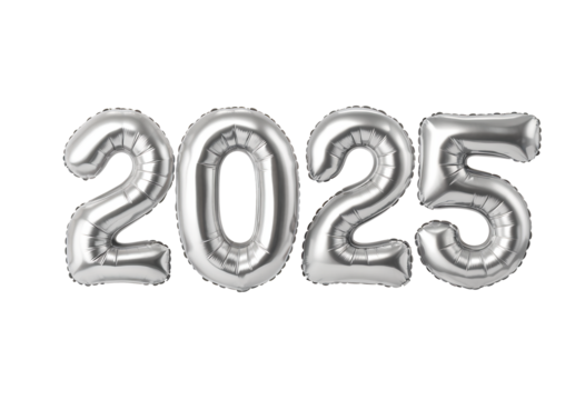 2025 Shiny Silver Balloon Text Effect in Transparent Background
