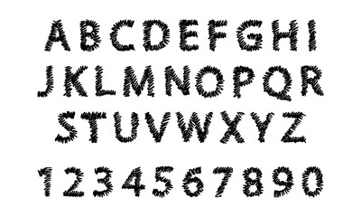 English handwritten alphabet and hand drawn numbers. Stroke texture. Doodles and squiggles. Vector set