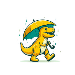 Obraz premium T-rex dinosaur in rubber boots walking in rainy weather with umbrella