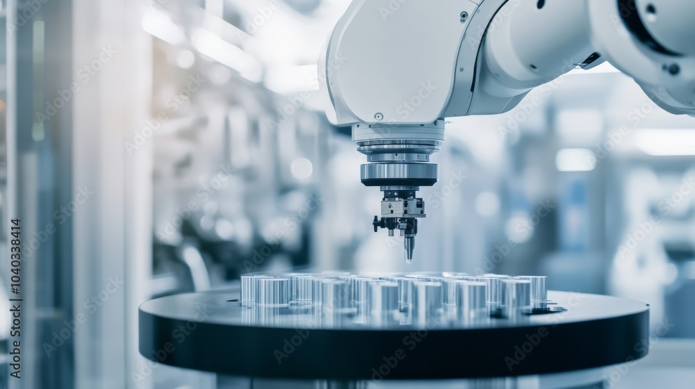 Leinwandbilder A robotic system performing detailed assembly of high-precision optics in a clean, high-tech optics lab, modern and precise environment with a focus on optical technology