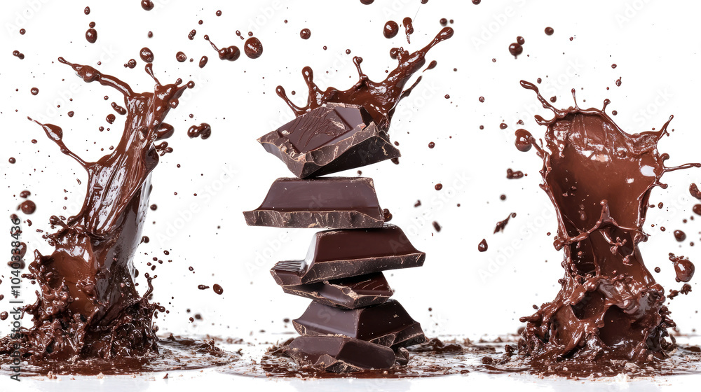 Poster chocolate splashes on stacked pieces against clear background generative ai