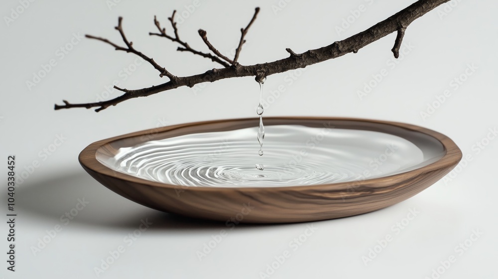 Poster a drop of water falls from a branch in a plate, creating ripples.