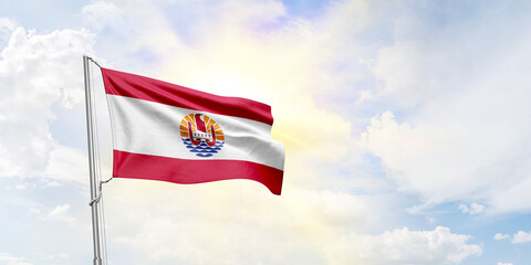 French Polynesia flag waving on sky background. 3D Rendering