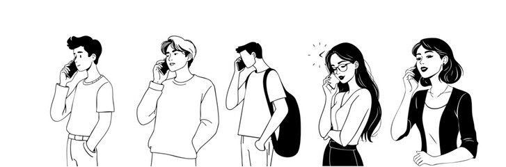 Illustration of five different people styles using cell phones in a variety of poses