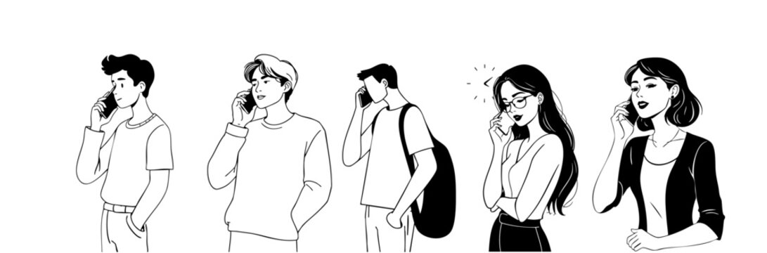 Illustration of five different people styles using cell phones in a variety of poses