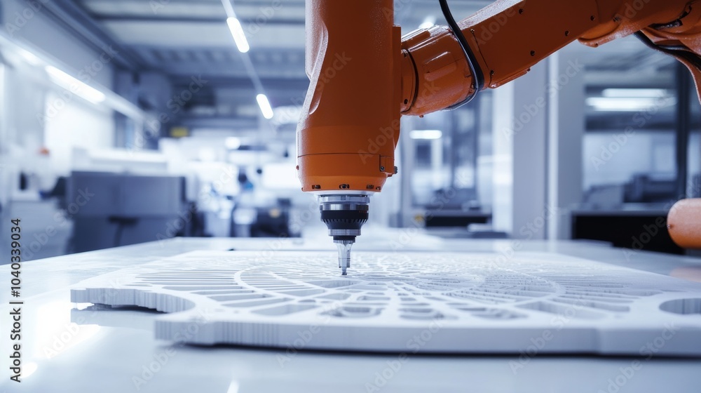 Aufkleber a robotic system performing high-precision laser cutting of intricate designs in a clean, high-tech 