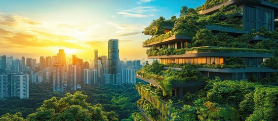 Naklejka premium Modern skyscraper with lush greenery growing on the exterior, cityscape background, golden hour sunset.