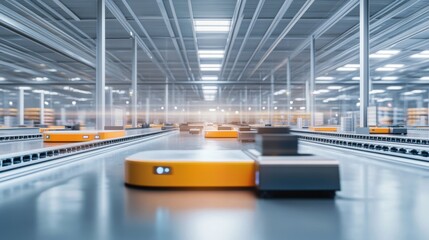 Obraz premium A robotic system performing high-speed sorting tasks in a clean logistics facility, efficient and dynamic environment with a focus on sorting automation, Dynamic style