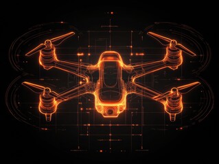 Drone illustration on a black background with some neon lights outline