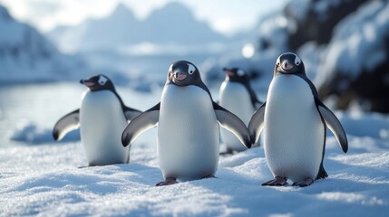 Obraz premium Four penguins standing in the snow, one of them holding the other