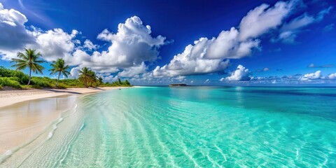 Sunny Caribbean beach with crystal clear turquoise water and white sand , tropical, paradise, vacation, relaxation, exotic