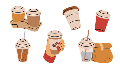 Coffee cups in hand. Paper cup. Takeaway drinks plastic cups. Vector illustration in flat style.