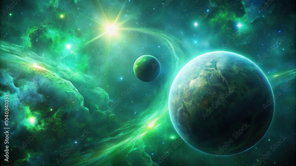 Wall mural aerial view of planet and spherical objects in nebula with green light
