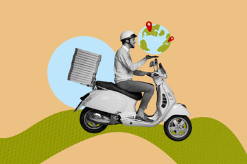 Composite trend artwork sketch image photo collage of delivery service young guy box pile ride...