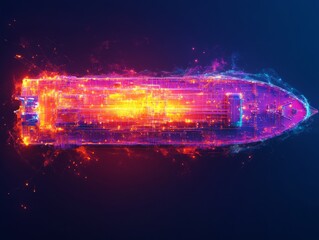 Export import container ship with outlines neon light 