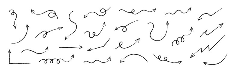 Hand-drawn chalk arrows set with black brush elements for infographics. Vector directional symbols for web design and navigation.