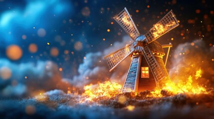 Obraz premium Windmill amid fiery landscape at night