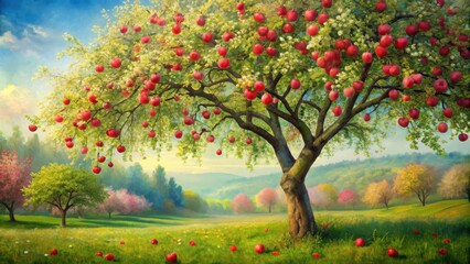 Naklejka premium Oil painting of blooming crabapple tree with red apples , nature, painting, art, crabapple tree, bloom, flowers, apples, fruit