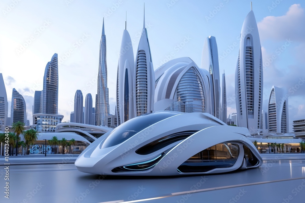 Aufkleber 3D digital rendering of a futuristic Objectivist city, with clean lines and towering structures representing individual achievement and rational design