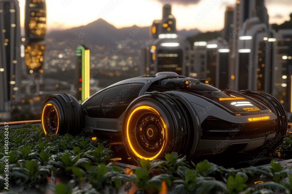 Poster 3d digital rendering of a futuristic farm harvest, with advanced machinery gathering crops under a g