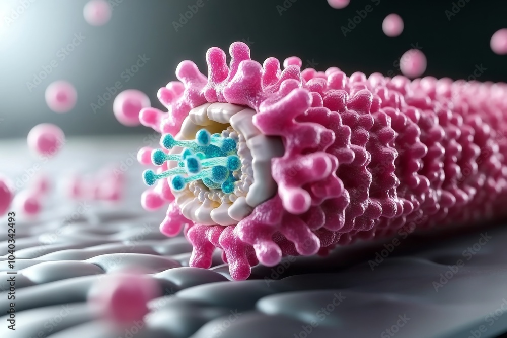Aufkleber 3D digital rendering of a human cell membrane, with floating ion channels and dynamic movements of ions passing through the membrane