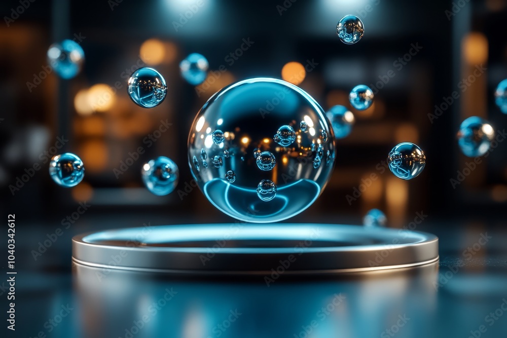 Aufkleber 3D digital rendering of cerulean spheres, floating in space with soft shadows and light reflections, creating a futuristic, abstract scene
