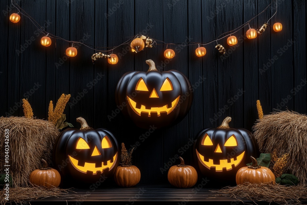 Poster 3d digital rendering of glowing jack-o'-lanterns, with friendly, smiling faces arranged in a festive