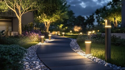 Fototapeta premium Outdoor path illuminated by modern garden lights at night, representing contemporary landscape design