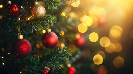 Bokeh of Light on Christmas tree. Defocused Light on Christmas tree on blurred background. Blurred Christmas background for template