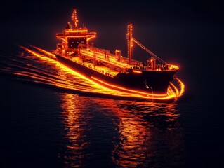 Fototapeta premium Export import container ship with outlines neon light 