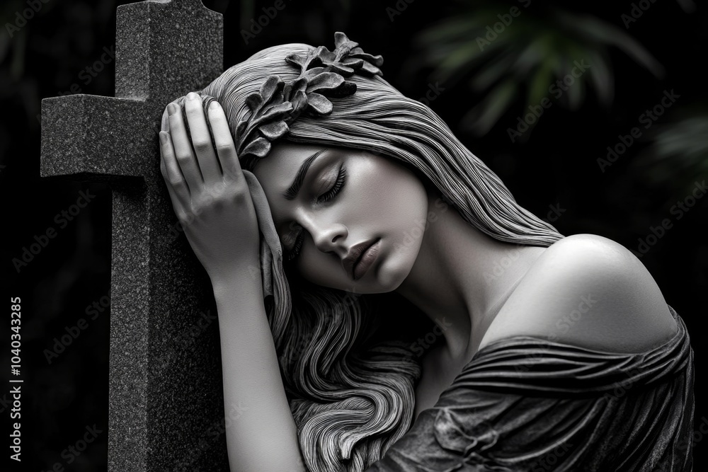 Poster angel resting on a cross, draped across the arms of the stone, with soft light filtering through the