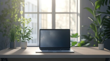 Fototapeta premium A tranquil workspace showcases a laptop on a wooden desk, framed by vibrant plants and bathed in soft sunlight. Generative AI