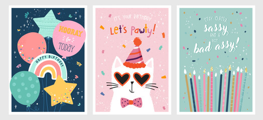 Set of birthday postcards with confetti, balloons, a cute cat cake and hand writing. Invitations, happy birthday. Vector