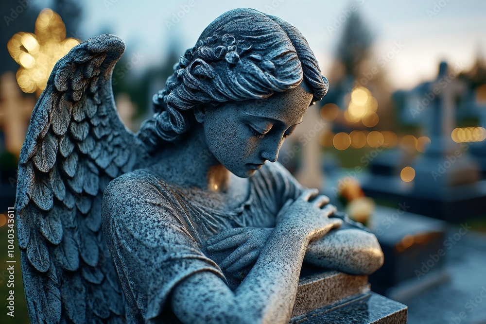 Aufkleber angel statue weeping in a misty graveyard, with soft light filtering through the fog, creating a ser