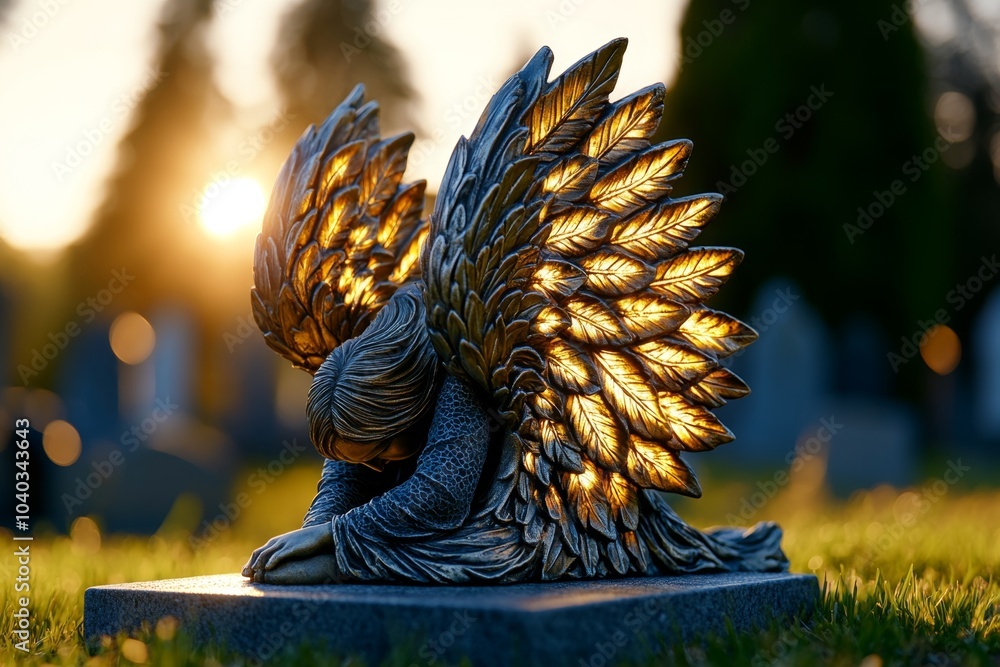 Poster Angel statue weeping in a misty graveyard, with soft light filtering through the fog, creating a serene and mournful atmosphere
