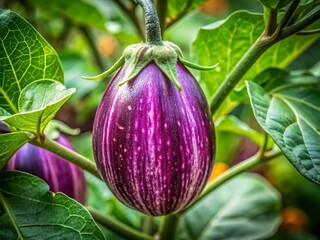 Vibrant Purple Striped Eggplant in Garden Setting with High Depth of Field