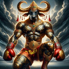 Fototapeta premium Majestic Bull-Headed Warrior: A Powerful Mythical Fighter in Intricate Gold and Red Armor, Kneeling with Glowing Boxing Gloves Amidst Swirling Storm Clouds, Ready for Battle