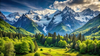 Fototapeta premium A breathtaking landscape of a mountain scenery with lush greenery and snow-capped peaks, mountain, landscape, scenery