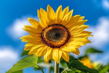 Cerulean skies over a sunflower field, the vibrant yellow flowers creating a cheerful contrast against the calm blue background
