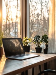 A laptop is placed on a rustic wooden desk, basking in warm sunlight, while surrounded by green plants in pots. Generative AI